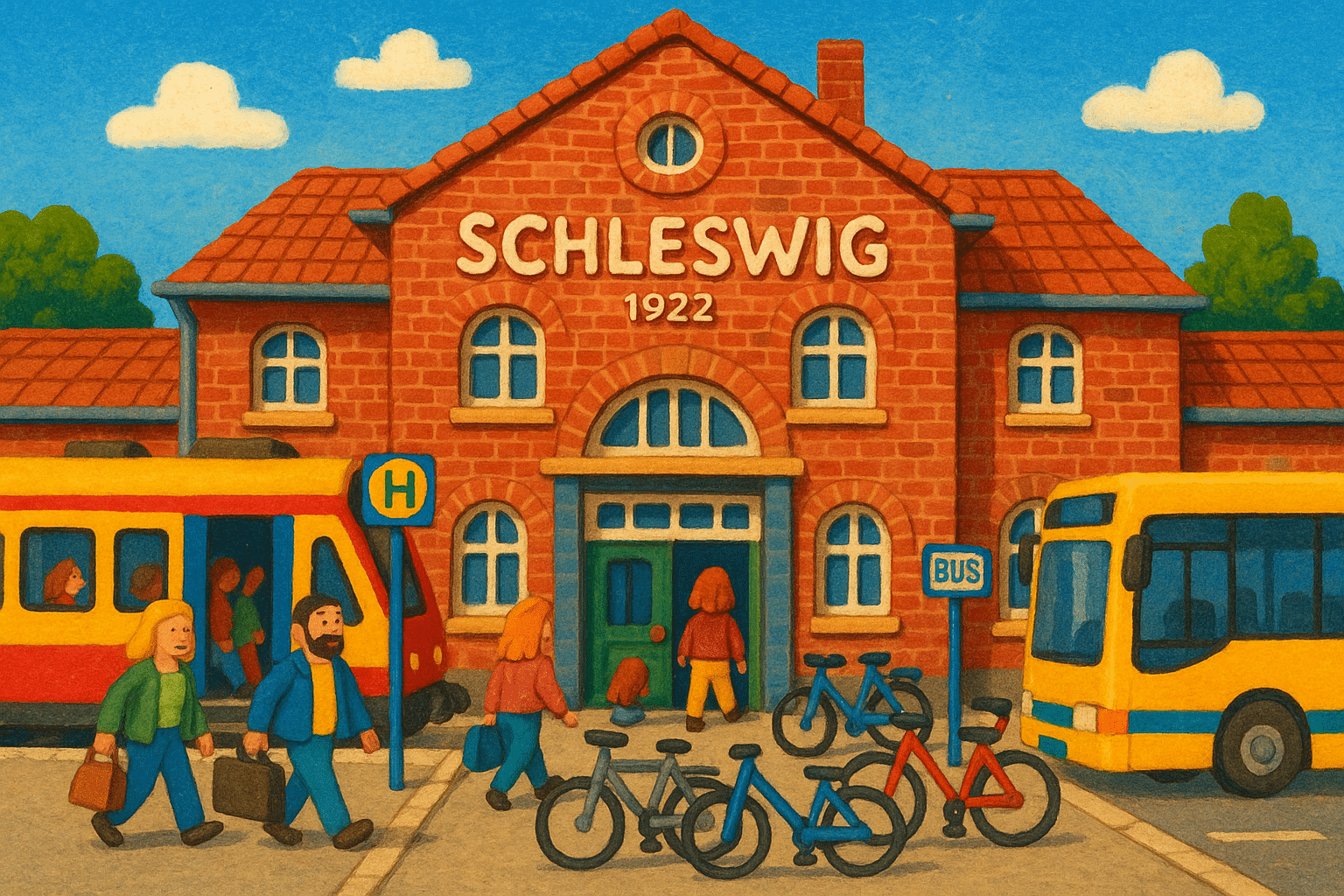 Bahnhof Schleswig an der Bahnhofstraße mit Regionalzug, Busverbindung und historischer Fassade