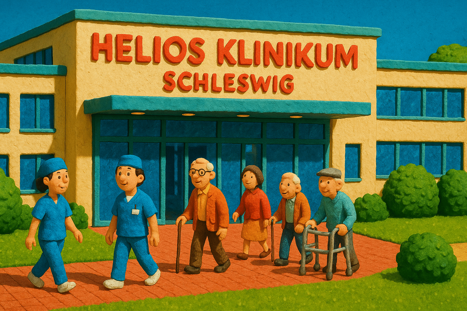 Moderne Fassade des Helios Klinikums Schleswig mit medizinischem Personal und Patienten vor dem Haupteingang