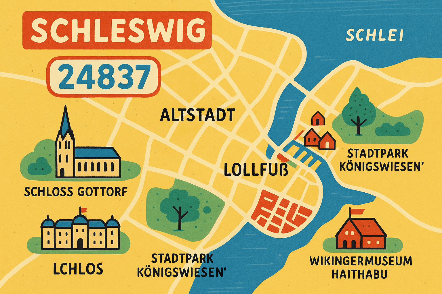 Stadtkarte von Schleswig mit PLZ 24837 und Sehenswürdigkeiten wie Dom, Schloss Gottorf und Wikingermuseum
