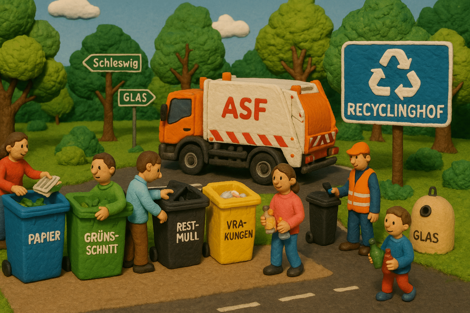 Moderner Recyclinghof in Schleswig mit ASF-Mitarbeitenden und sortierten Müllcontainern für nachhaltige Abfalltrennung
