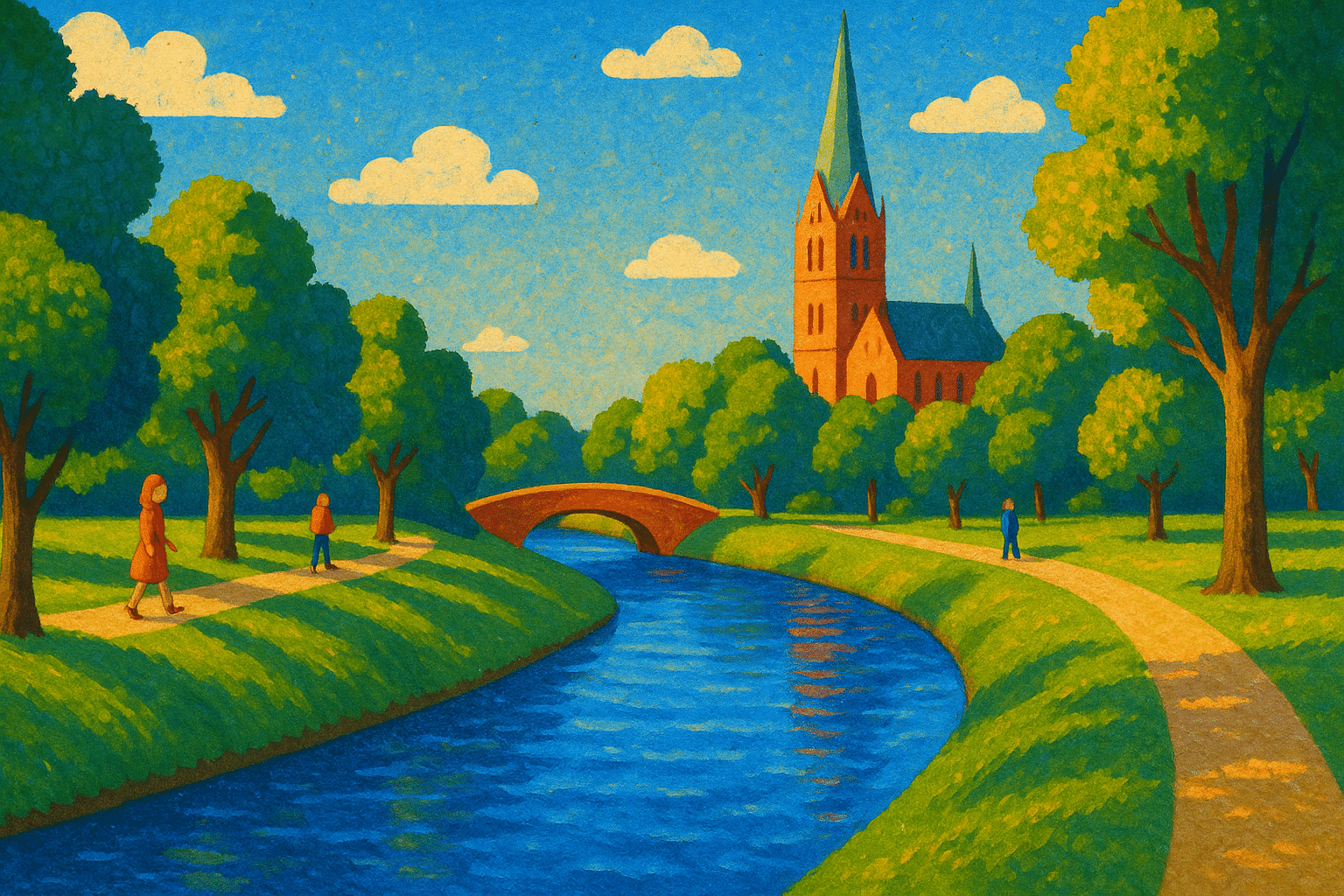 Der Schleikanal im Stadtpark Schleswig mit Bogenbrücke, grünen Ufern und Blick auf den Schleswiger Dom