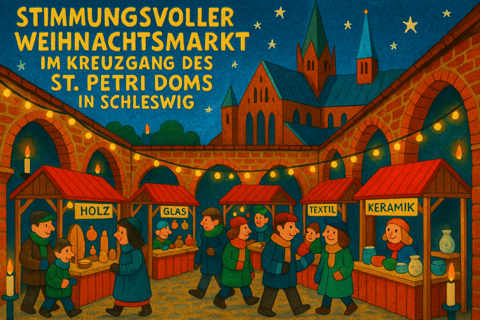 Schwahlmarkt im Kreuzgang des St. Petri Doms Schleswig mit Kunsthandwerk und festlicher Beleuchtung