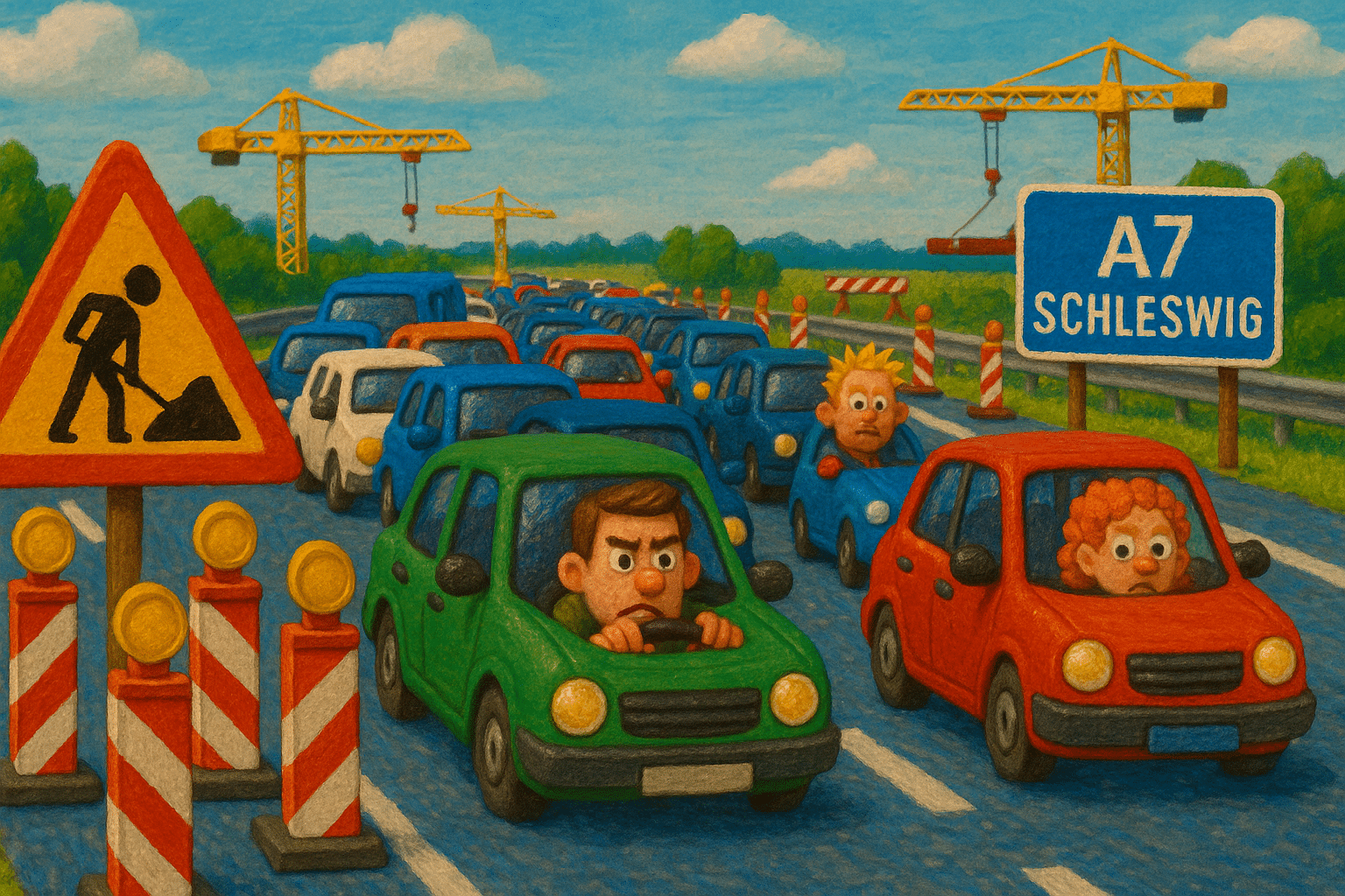 Langer Stau auf der A7 bei Schleswig mit Baustelle und Verkehrsbehinderungen.